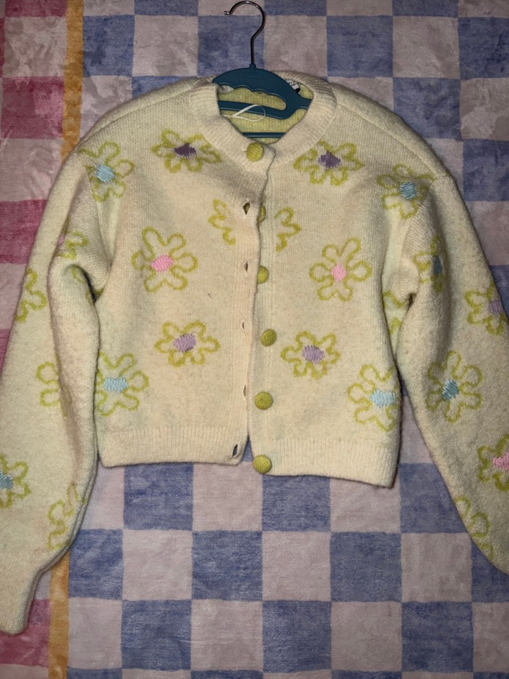 Zara Cream Floral Knit Cardigan with Pastel Flower Accents